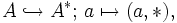 A \hookrightarrow A^*;\, a \mapsto (a,*),